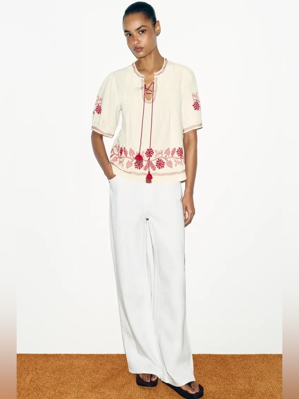 NWT Zara EMBROIDERED TASSEL BLOUSE